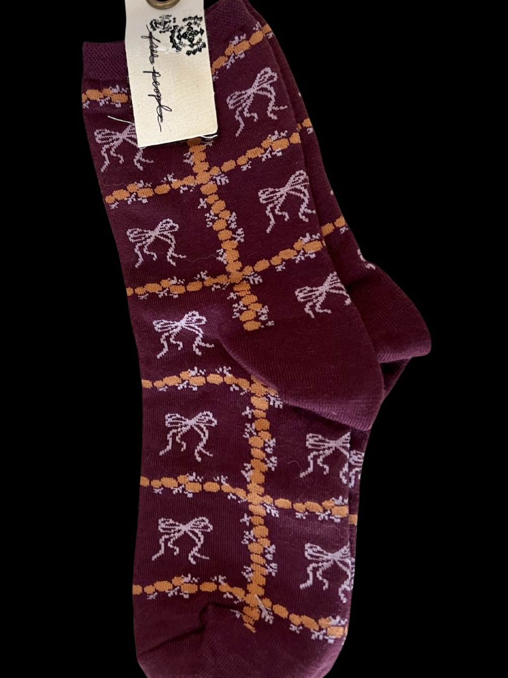 Free People Bow Print Crew Socks Burgundy Maroon NWT One Size